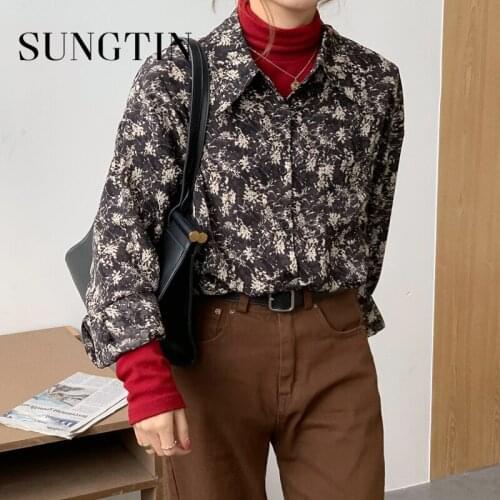 Sungtin Vintage Print Blouse Shirt Women Turn Down Collar Floral Shirt Oversized High Quality Loose Korean Chic Casual Tops New