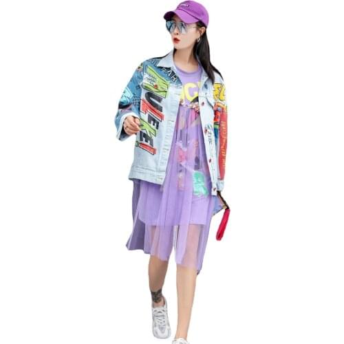 Women denim jacket blue Extraterrestrial print jeans jackets Harajuku Ripped hole outerwear female Streetwear coat