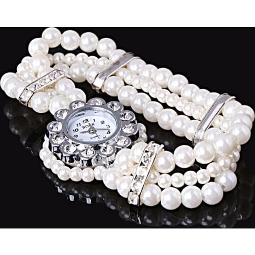 Women White Pearl String Strap Wrap Wrist Watch Type Crystal Accented Bracelet