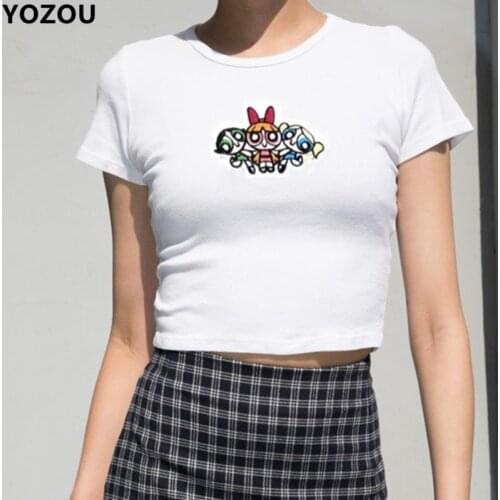 Women vintage retro summer girl slim cartoon embroidery o neck short sleeve crop top cropped tee tshirt white female tee