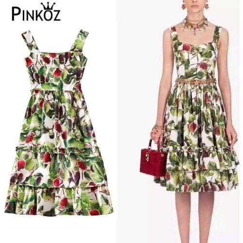 Pinkoz summer dress spaghetti green flower printed A-line ruched party beach boho dresses women casual vintage vestidos