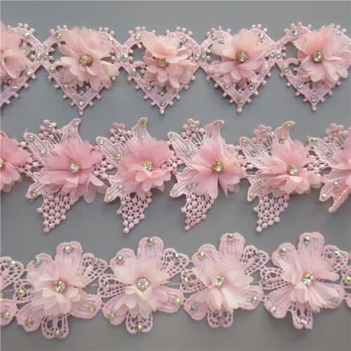 1yard Chiffon Flowers Diamond Rhinestones Lace Trim Embroidered Heart Lace Ribbon Fabric Sewing Craft Garment Sewing Accessories