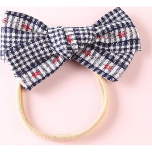 16 pcs/lot, Handtied Linen Fabric Bow Nylon Headbands or Hair Clips, Plaid Fabric Bow Baby Girls Hair Accessory