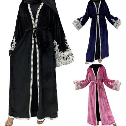 Arab Jilbab Velvet Muslim Women Abaya Ramadan Open Kimono Dubai Middle East Lace Patchwork Cardigan Maxi Robe Eid Ramadan Islam