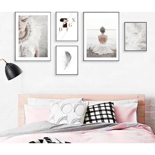 White Feather Dream Abstract Girl Canvas Painting Beach Black And White Posters And Prints Wall Art Nordic Picture Unframed