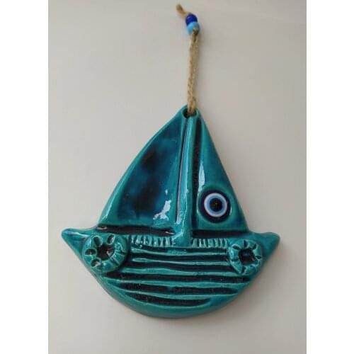 Turquoise Ceramic Sailboat Evil Eye Pendant Turkish Nazar Handmade Amulet for Wall Hanging Talisman Boho Home Decor Protector