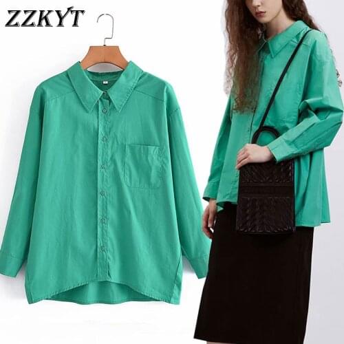 ZZKYT 2021 Women Autumn Fashion Solid Pockets Loose Blouses Vintage Lapel Collar Long Sleeve Single Breasted Female Casual Shirt