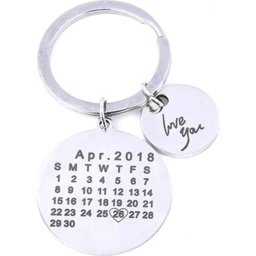 Custom Calendar Keychain Circle Pendant Keyring Stainless Steel Engraved Date Birthday Key Chain Wedding Anniversary Baby Record