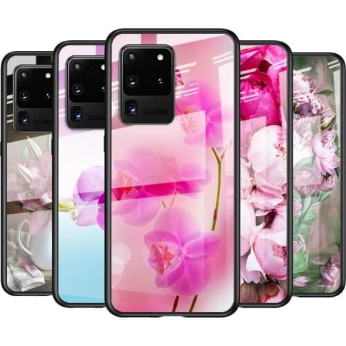 Tempered Glass Cover Pink Flower Peony For Samsung Galaxy S21 Ultra Plus 5G M51 M31 M21 Shockproof Shell Phone Case