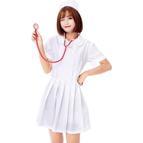 COLDKER women cosplay costume nurse dress for ladies cute cloth girls white pink colors halloween costume