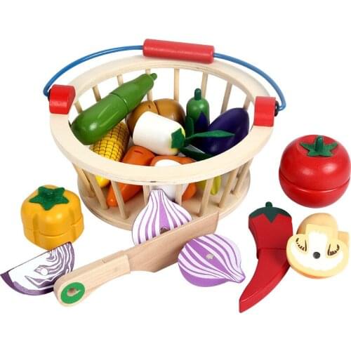 Wooden Kids Kitchen Toys Simulation Girls Pretend Play House Educational Toddler Toys Cutting Fruits And Vegetables Basket Set