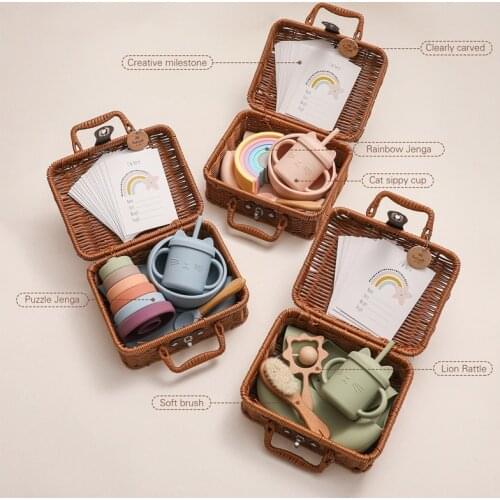 Baby Feeding Tableware Box Set Gifts Baby Silicone Rainbow Stacker Toy Set Baby Birth Vintage Retro Box Gifts