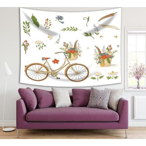 Tapestry Yellow Bike Feather Branches Green Leaves and Basket with Colorful Flowers Drawing Retro Style Artwork Printed