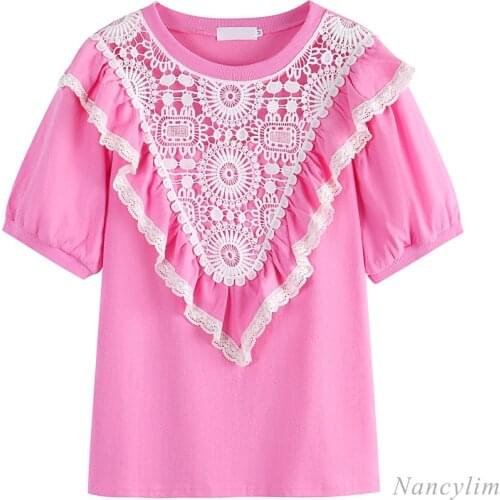 Lace Patchwork Ruffled Short Sleeve T-shirt for Women 2021 Summer Clothing New Loose Girls Ladies Tops Camisetas De Mujer