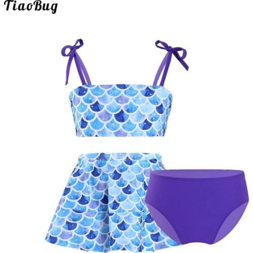 TiaoBug Summer 3Pcs Kids Girls Floral Print Swimsuit Straps Self Tie Closure Tube Tops With Skirt And Briefs Beach Pool Swimwear