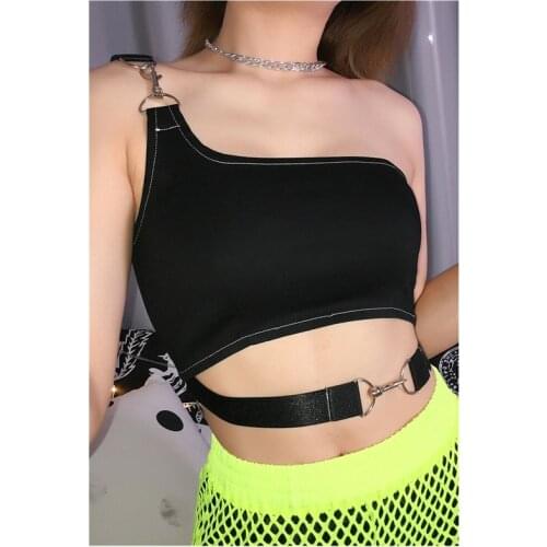 Hot Summer Fashion Women Sexy Club One Shoulder Unique Design Chain Crop Top Tanks Camisole Nightclub Party Beach Sun-tops Tanks