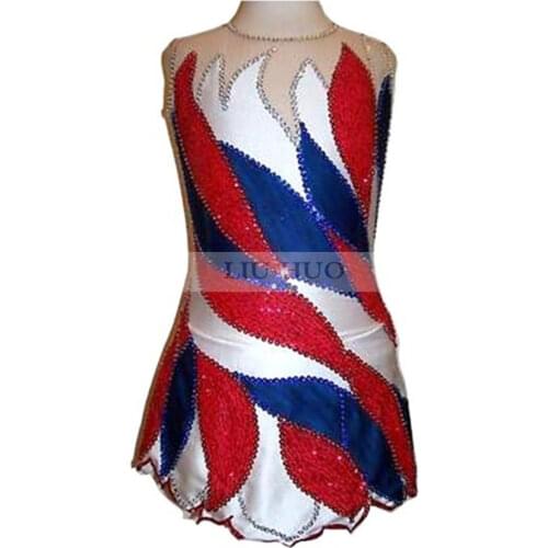 Figure Skating Dress Womens Girls' Ice Skating Dress Red and white blue and blue collocation Handmade, fine drill Match suit
