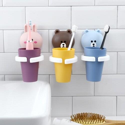 Cartoon Animal Toothbrush Holder Punch-Free Bathroom Accessories Wall-Mounted Mouthwash Cup Comb Toothpaste Tube Storage Rack