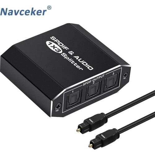 Navceker 3 way Spdif Toslink Optical Digital Audio Splitter 1x3 Aluminum Alloy Optical Splitter 1 In 3 Out Support DTS AC3 LPCM