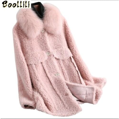 Boollili Real Fur Coat Female Sheep Shearling Korean Jacket Winter Coat Women Fox Fur Collar 100% Wool Coats Manteau Femme