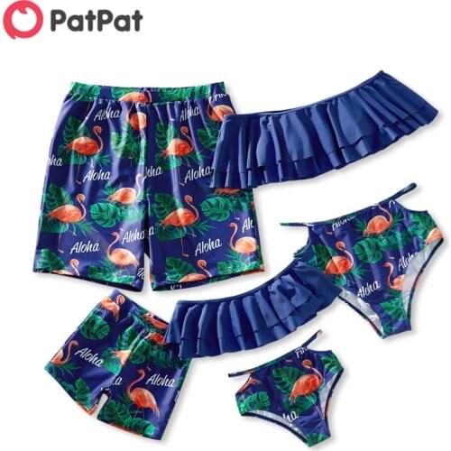 PatPat Family Look Solid Ruffle Top and Flamingo Leaf Print Shorts Matching Swimsuits
