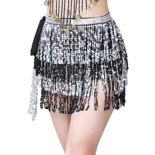 Omen Sequin Tassel Lace-up Sexy Wrap Mini Skirt Belly Dance Hip Scarf Glitter Waist Chain Stage Performance Costume
