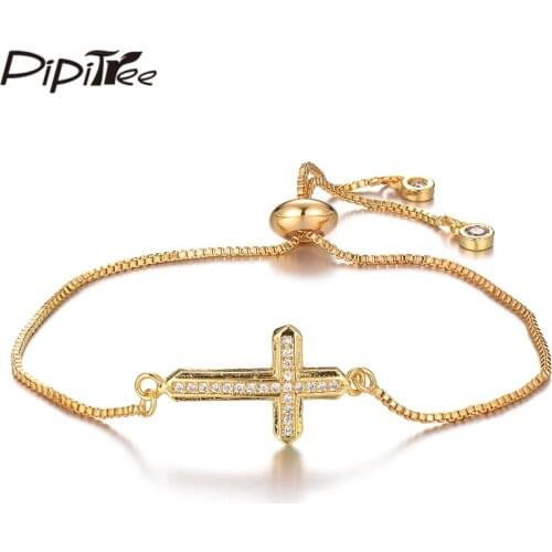 Pipitree Copper Clear Cubic Zirconia Micro Pave Cross Bracelets Religious Jewelry Chain Link Bracelet Bangle Women Men Wristband