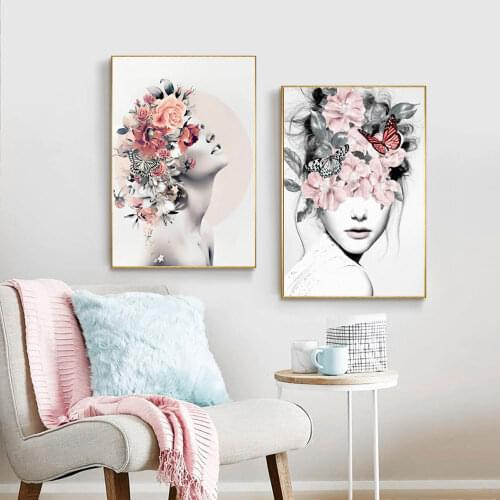 Flower Head And Sexy Woman Posters And Prints Nordic Figure Canvas Painting Wall Art Flower Picture for Living Room Bedroom Gift
