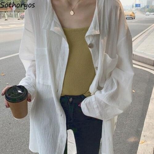 Shirts Women Loose Solid Long Sleeve Mid-length Female Blouses All-match Thin Korean Style Casual Teens Tops Streetwear Trendy