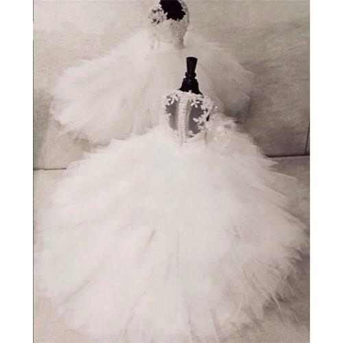 Pearls Lace Applique Tiered White Flower Girl Dress for Wedding Tulle Children Ball Gown Birthday Party Communion Wears