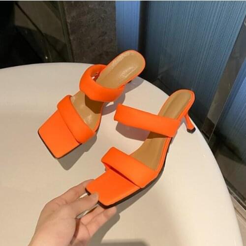 Newest Ladys Orange Green Nude Soft Leather 6 cm Heels Slippers Sandals Woman Double One Line Slip On Sweet Slides Mules Shoes