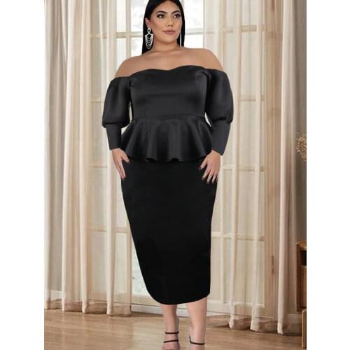 Plus Size Dresses 4XL Women Sexy Strapless Long Lantern Sleeve Ruffles Bodycon Midi Evening Night Out Birthday Party Robes 2021