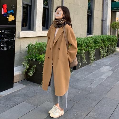 Women 2021 Autumn Winter Elegant Retro Wool Coat Casual Warm Overcoat Fashion Outwear Female Double Breasted Woolen Coats Z531