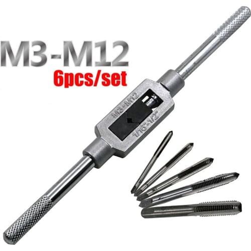Free shipping New 6pcs 3F Hand Screw Thread Metric Plug Tap Set M3 M4 M5 M6 M8 with Adjustable Tap Wrench 1/16-1/2"
