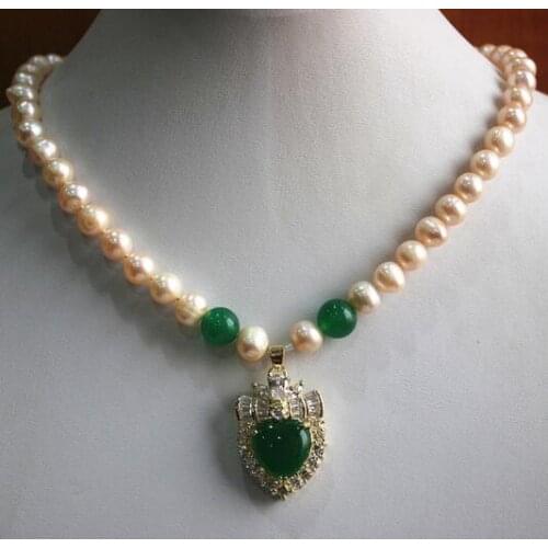 Noble and simply style 7-8mm yellow shell pearl mixed Jade necklace+ green crystal pendant
