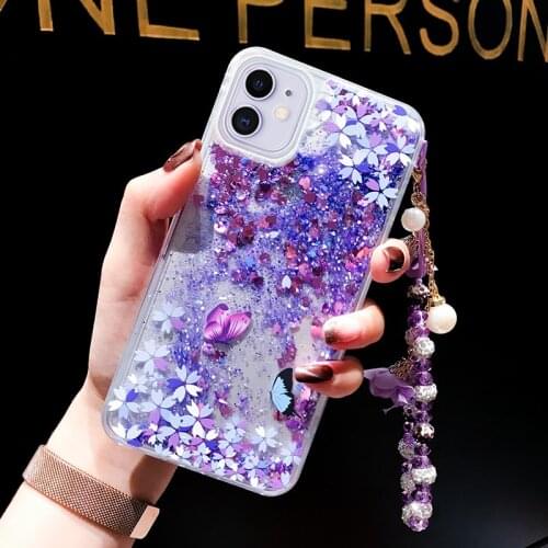 For iPhone 12 Mini 11 Pro Max XS XR X SE2 8 7 6S Plus Glitter Liquid Quicksand Crystal Lanyard Bracelet Shell Cover Case Fundas