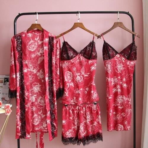FZSLCYIYI 4/3/2/1Pcs Printed Sleepwear Silk Half Sleeve Homewear Sleep Lounge Pyjama Women Lace Trim Satin Pajamas