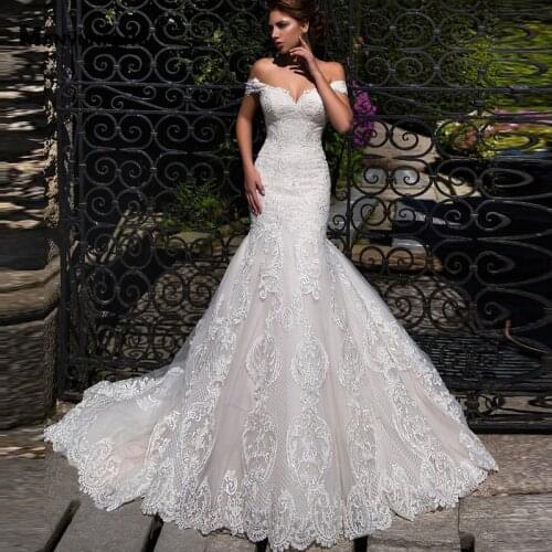 Custom Made Off the Shoulder Embroidery Appliques Tulle Lace Up Back Mermaid Wedding Dress Elegant Sweetheart Neck Bridal Gown