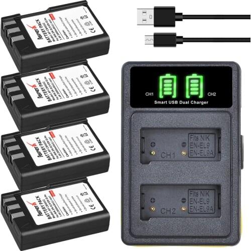 4Pcs 2000mAh EN-EL9 EN EL9 EL9A EN-EL9a Batteries + LED Built-in USB Charger Type C for Nikon D40 D60 D40X D5000 D3000