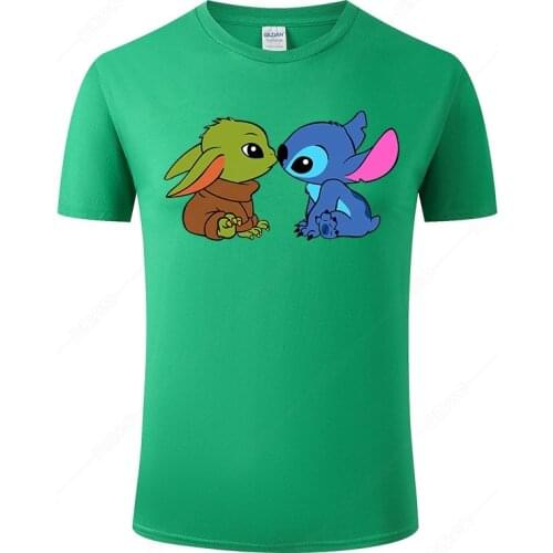 Summer Cotton Short Sleeve Baby Yoda And Stitch T Shirts Men Women Fashion Printed T-shirt Disney Cartoon Anime Tops Tee J02