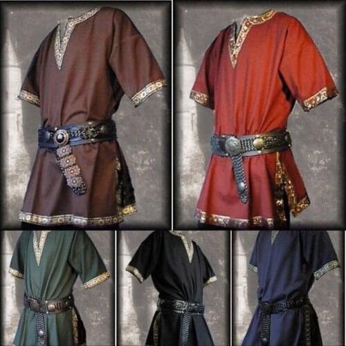 Medieval Viking Pirate Mens Shirt Costume Halloween Cosplay Lacing Up Renaissance Knight Warrior Short Sleeve Streetwear
