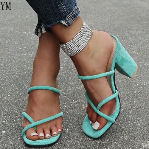 New Sexy Flock Green Sandals Women Party Open Toed Block Square Heel Mules Slides Gladiator Slip-On Sandals Women 2021