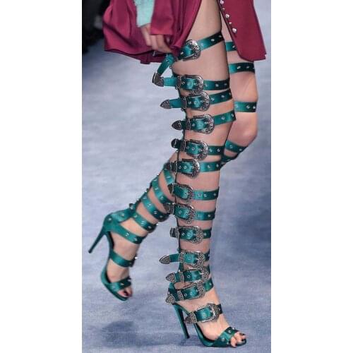 Sexy Women Summer Knee High Boots Motorcycle Boots Peep Toe Cut-Out High Heels Buckle Summer Cool Shoes Ladies Gladiator Sandals