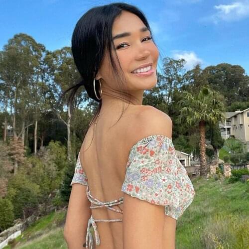 MyErato Floral Square Neck Puff Sleeve Sexy Lace Up Crop Top Elegant Vintage Sexy Tops Backless Tie Up Bandage Off Shoulder