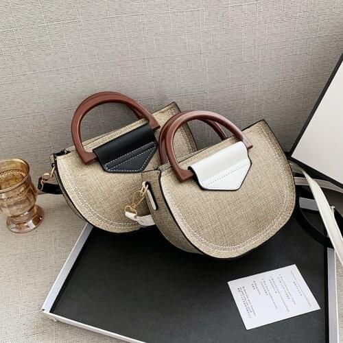 Vintage Women Woven Contrast Color Patchwork Shoulder Bag Semicircle Messenger Bag Ladies Casual Small Saddle Crossbody Handbags