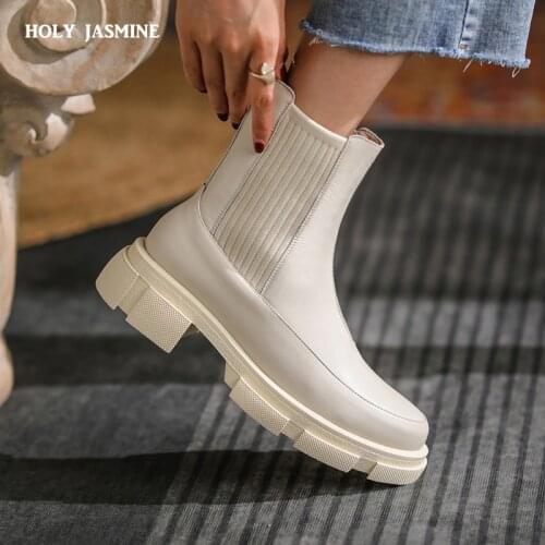 2021 Winter New Ankle Boots for Women Thick Bottom Round Toe Genuine Leather Black White Brown Platform Boots Chelsea Boots