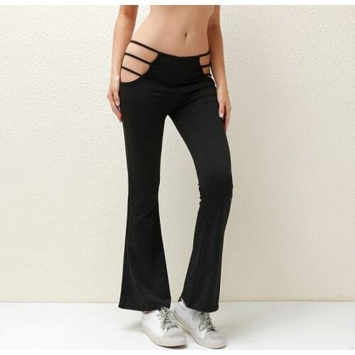 Women Solid Color Cotton Pants Sexy Cut Out Slim Fitness Pants Female Low Waist Trousers Hollow Out Flare Pants Streetwear