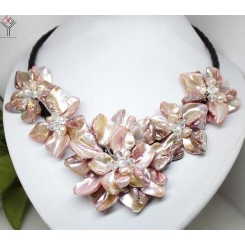 Women Classic Jewelry natural pearl Crystal 5 flower pendant pink purple shell mother of pearl necklace black leather 18"