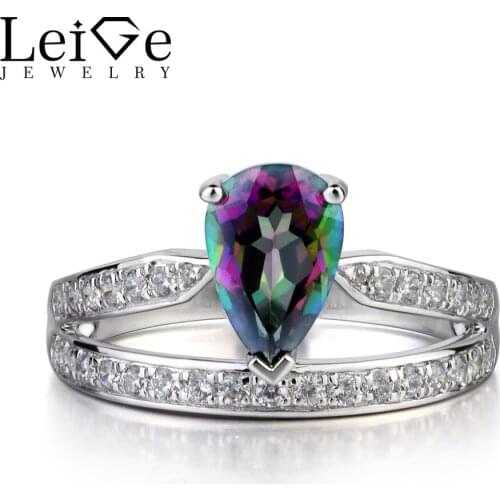 Leige Jewelry Pear Cut Mystic Topaz Ring Solid 925 Sterling Silver Engagement Rings Rainbow Gemstone November Birthstone ring