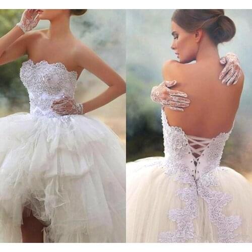 2019 Vintage High Low Short Wedding Dresses Strapless Lace with Beads Lace up Back Corset Vestido De Novia Bridal Gowns